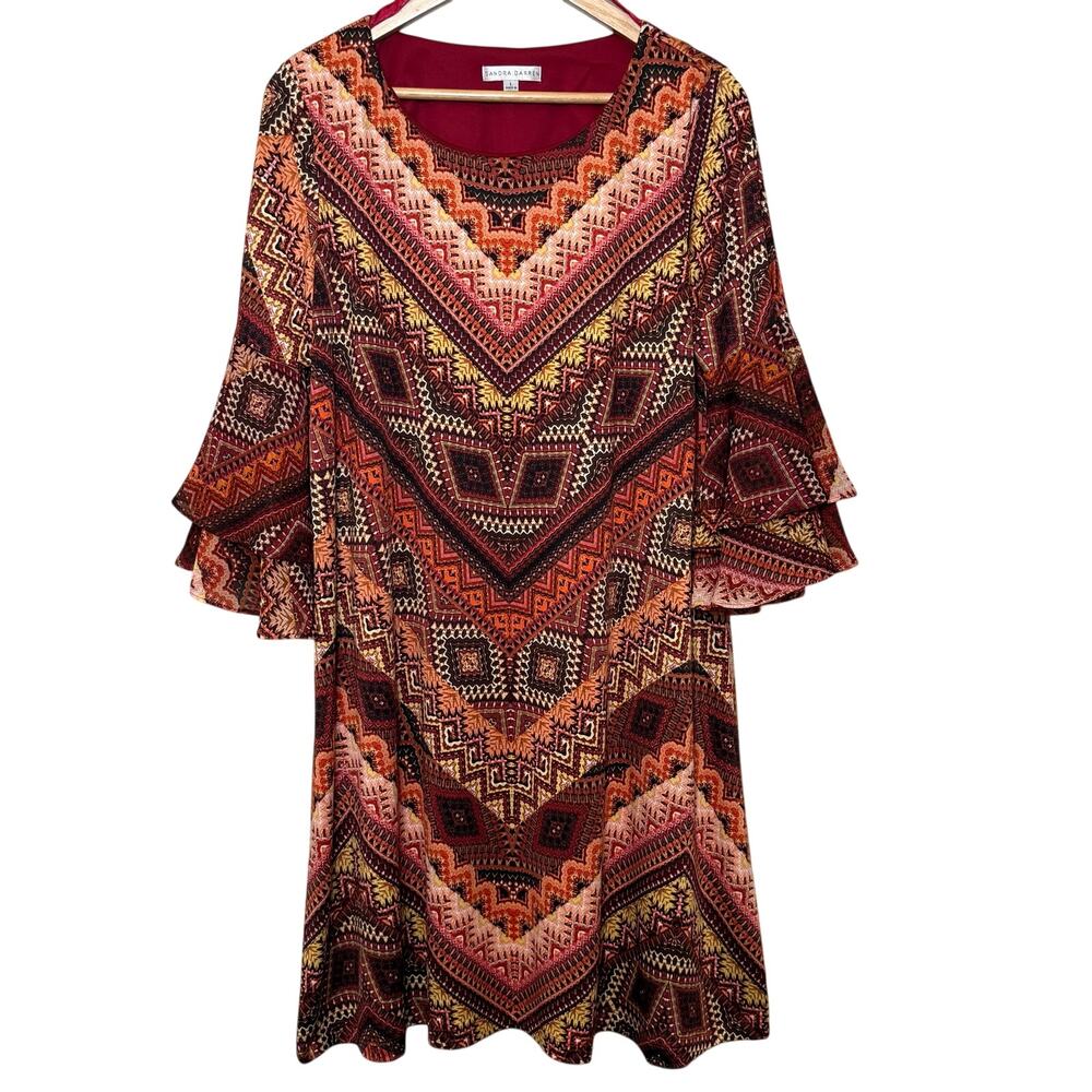 Sandra Darren Dress Boho Boeheim Ruffle Sleeve Retro 60s Orange Women's Large
